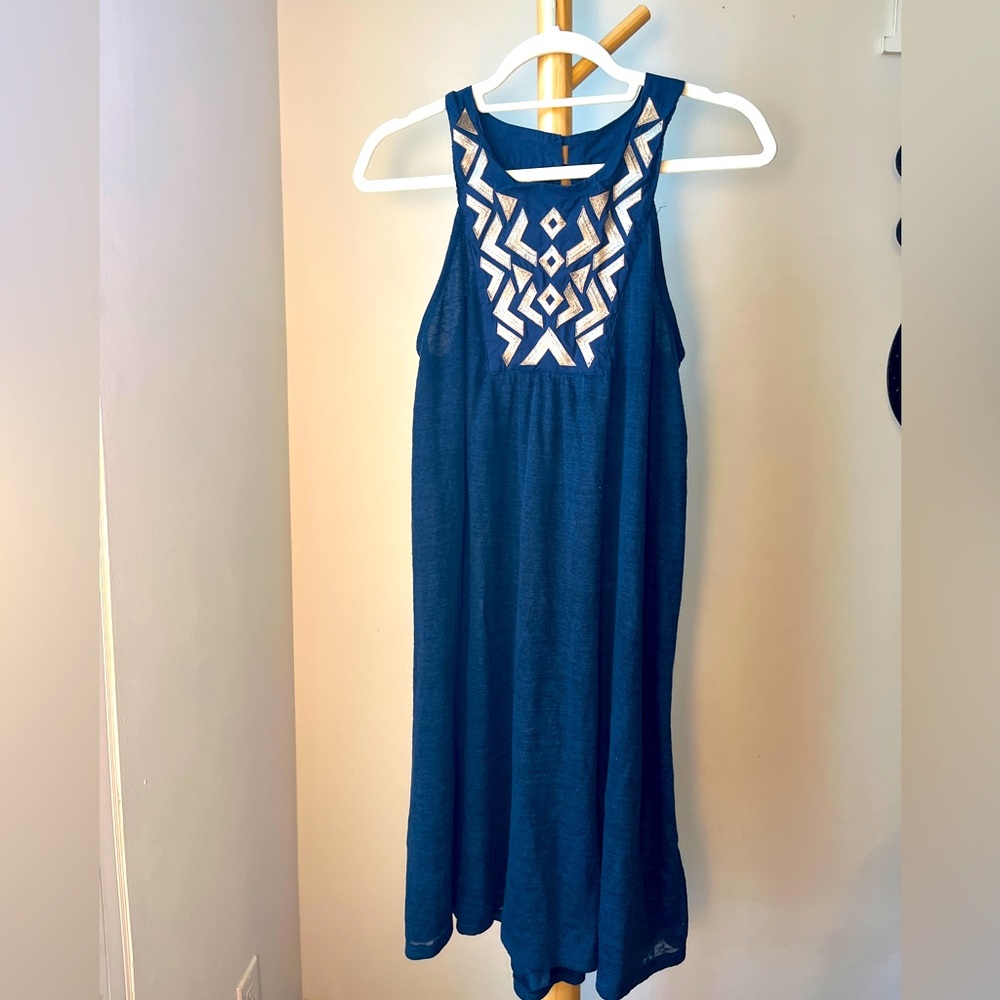 Grayson Sleeveless Navy Dress Tan Embroidered Lined Size Medium